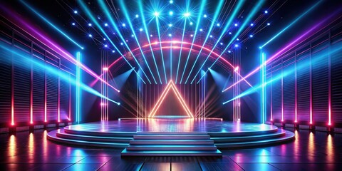 Wall Mural - Futuristic empty stage with abstract rays and neon lights, abstract, futuristic, stage, empty, rays, neon, lights, technology