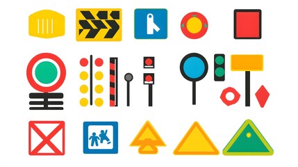Poster - A vibrant layout of traffic light control signs, with signal icons in standard colors. White background. No shadow