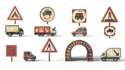 Poster - A collection of tunnel approach warning signs, showing vehicle icons entering tunnels. White background. No shadow