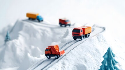 Poster - A vibrant arrangement of steep hill warnings, showing vehicles on inclined roads. White background. No shadow