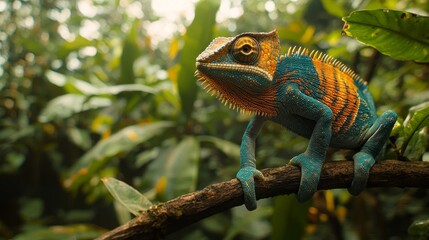 Aufkleber - A stunning chameleon with vivid blue and orange hues perches elegantly on a branch surrounded by rich green leaves and tropical flora, blending vividly into its vibrant habitat