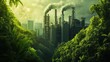 © Hardy - A green factory with no smoke, surrounded by lush plants, capturing the essence of net zero emissions and sustainable industrial processes