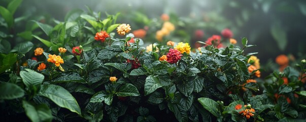 Poster - a thriving garden of vibrant flowers and shrubs releasing humidity into the air as part of the trans