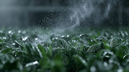Poster - natural transpiration process, lush green plants absorbing sunlight, releasing water vapor through stomata, showcasing the delicate balance of humidity and oxygen, thriving under natural energy,
