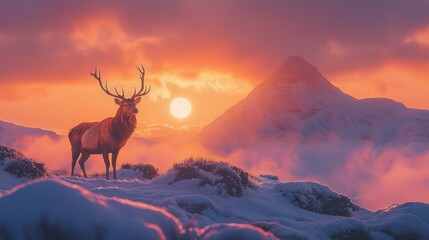 Poster - A magnificent red deer stag stands atop a snowy hill, silhouetted by a vibrant sunset. Majestic mountains loom in the background, creating a breathtaking winter landscape