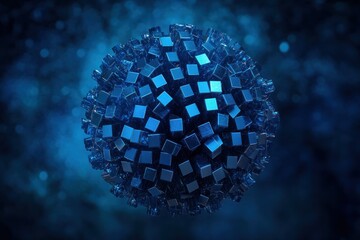 Fototapete - Abstract blue sphere of clustered cubes on dark background.