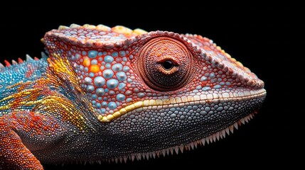 Poster - A stunning close-up reveals the vibrant hues of a chameleon Furcifer, highlighting its detailed scales and expressive features. This enchanting creature basks in the soft glow of its surroundings