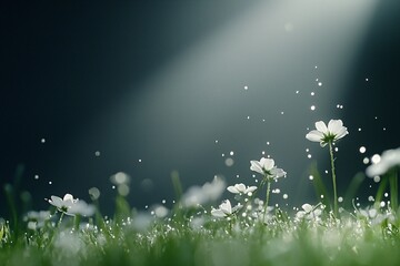 Poster - A serene meadow with mist rising under sunlight, representing natural transpiration balancing the ecosystem