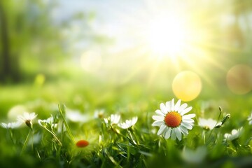 Wall Mural - Daisy on green sunny spring meadow. Luminous blurred background with light bokeh and short depth of field. Horizontal close-up with space for text.