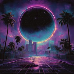 Wall Mural - A vaporwave cityscape with glowing neon lights, palm trees, and a grid stretching into the horizon
