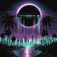 Wall Mural - A vaporwave cityscape with glowing neon lights, palm trees, and a grid stretching into the horizon