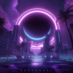 Wall Mural - a vaporwave cityscape with glowing neon lights, palm trees, and a grid stretching into the horizon