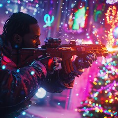 Wall Mural - An intense scene of a Black man wielding automatic rifles, captured in slow motion as he shoots at enemy elves and snowmen
