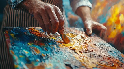 Aufkleber - Hands of a passionate LGBT artist blend colors on a canvas, showcasing a burst of creativity in a brightly lit studio. The atmosphere is rich with inspiration and artistic energy