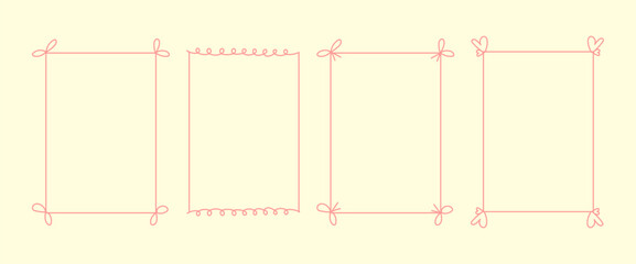 Set doodle scallop hand drawn frames with wavy lines and bow.. Minimalist simple line art. Trendy retro vintage whimsical borders for wedding invitations, birthday card, prints. Vector illustration.