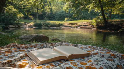 Open book on a floral blanket by a tranquil creek. Perfect for a peaceful afternoon of reading.