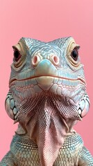 Aufkleber - In a captivating closeup, a green iguana displays intricate textures and colors, emphasizing its unique features against a warm pink backdrop, creating a striking contrast