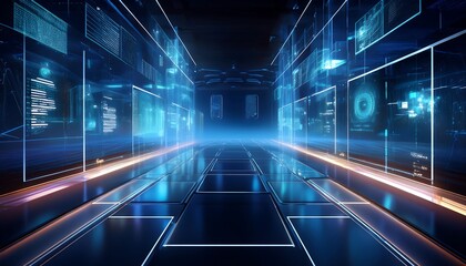 Aufkleber - Futuristic digital corridor with holographic displays.