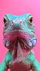 Poster - A closeup view captures a green iguana, its colorful scales shimmering in hues of turquoise and pink