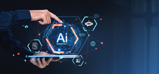 Fototapete - Conceptual image of AI assistant holographic interface with futuristic icons on digital tablet, symbolizing advanced technology and communication.