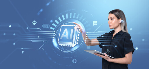 Fototapete - Woman using futuristic AI interface with holographic digital ele