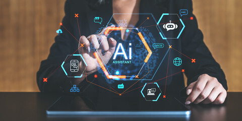 Fototapete - AI assistant holographic interface concept with futuristic graphics and icons on a transparent screen, operated by a professional hand.