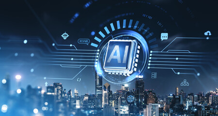 Poster - Futuristic AI technology concept with holographic chip over a cityscape at night.