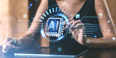 Fototapete - Close-up of futuristic AI interface with holographic elements and human hands interacting with the system on a blurred background.