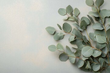 Wall Mural - Top view photo of eucalyptus branches on pastel grey background with copyspace