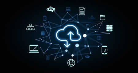 Poster - Neon cloud icon surrounded by data storage and technology elements on dark background, representing online network and remote data transfer. 3D Rendering
