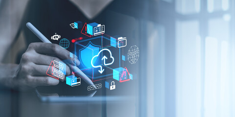 Poster - Digital hand interacting with cloud storage and data security icons on a futuristic interface.
