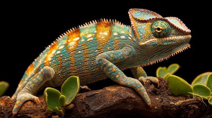 Aufkleber - A beautifully colored chameleon Furcifer rests on a branch surrounded by green foliage. Its intricate patterns and bright hues create a stunning display of nature's artistry