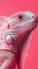 Poster - A striking closeup reveals the vivid colors and intricate textures of a green iguana, resting with a softly blurred pink background. This creature captures the beauty of reptiles