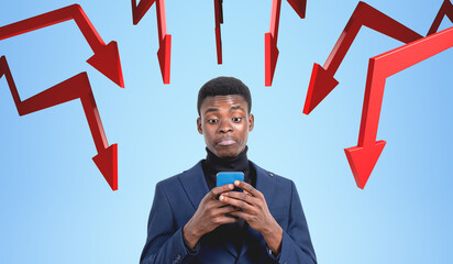Poster - Man looking at phone with red downward arrows on blue background