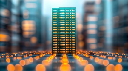 Wall Mural - Illuminated skyscraper amidst a blurred cityscape