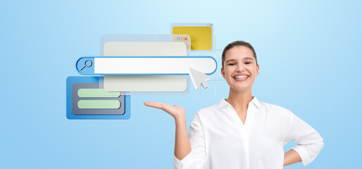 Poster - Woman smiling, holding a hand near a digital search bar icon wit