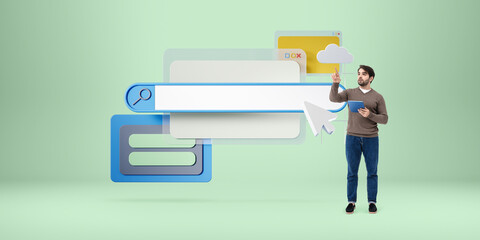 Fototapete - Man interacting with graphic search bar and icons on green backg