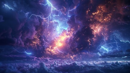 Wall Mural - This photo depicts a striking lightning abstract image of a black background illuminated by multiple lightning strikes
