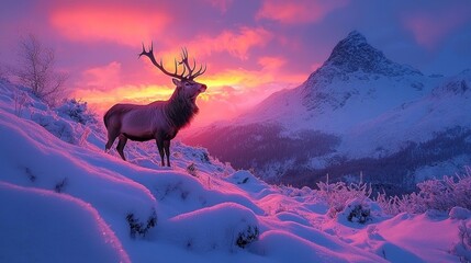 Poster - A regal red deer stag stands atop a snowy hill, silhouetted against a breathtaking sunset. The dramatic sky glows with hues of pink and purple, enriching the frosty landscape