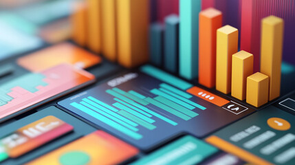 Poster - Photo realistic of detailed Financial forecast planning economic trends business, showing data trends of financial graphs, pen, calculator, cards, on a business table with financial charts.