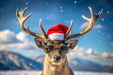 Cool reindeer wearing Santa hat and sunglasses against snowy mountain backdrop.