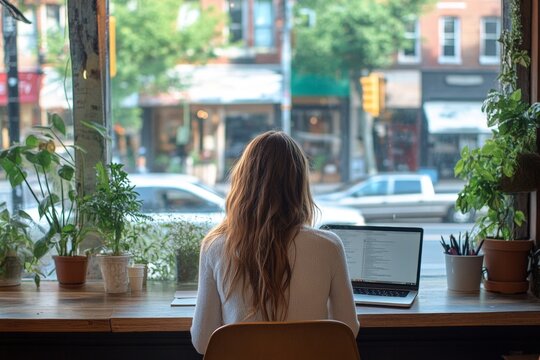 a woman is sitting at a desk with a laptop in front of her
