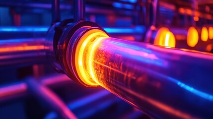 Wall Mural - Friction welding, Glowing Neon Pipes Industrial Abstract Art, Vibrant Colors, Futuristic Technology