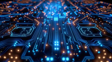Poster - Abstract Circuit Board Design with Glowing blue lights.