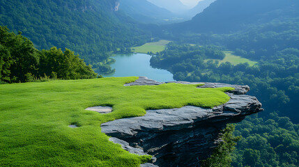 Poster - A scenic view of lush greenery atop a cliff, overlooking a serene lake and mountains in the background, capturing the beauty of nature