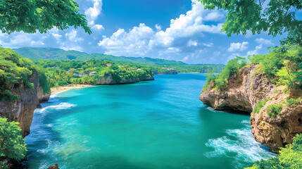 Poster - A stunning coastal landscape featuring turquoise waters, lush greenery, and a bright blue sky, ideal for relaxation and scenic beauty
