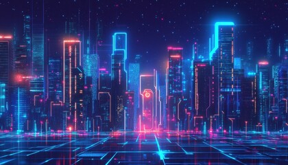 Poster - Neon Cityscape Digital Art Futuristic Metropolis