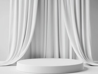 Aufkleber - White Circular Platform Draped With Elegant White Curtains