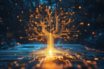 Fototapete - Digital tree with branching circuitry emerging from a microchip.