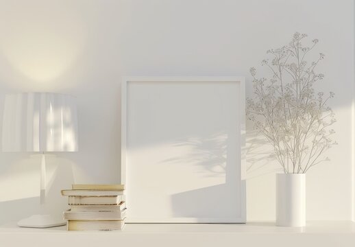 A white frame mockup with a lamp. books. dried flowers. and soft light